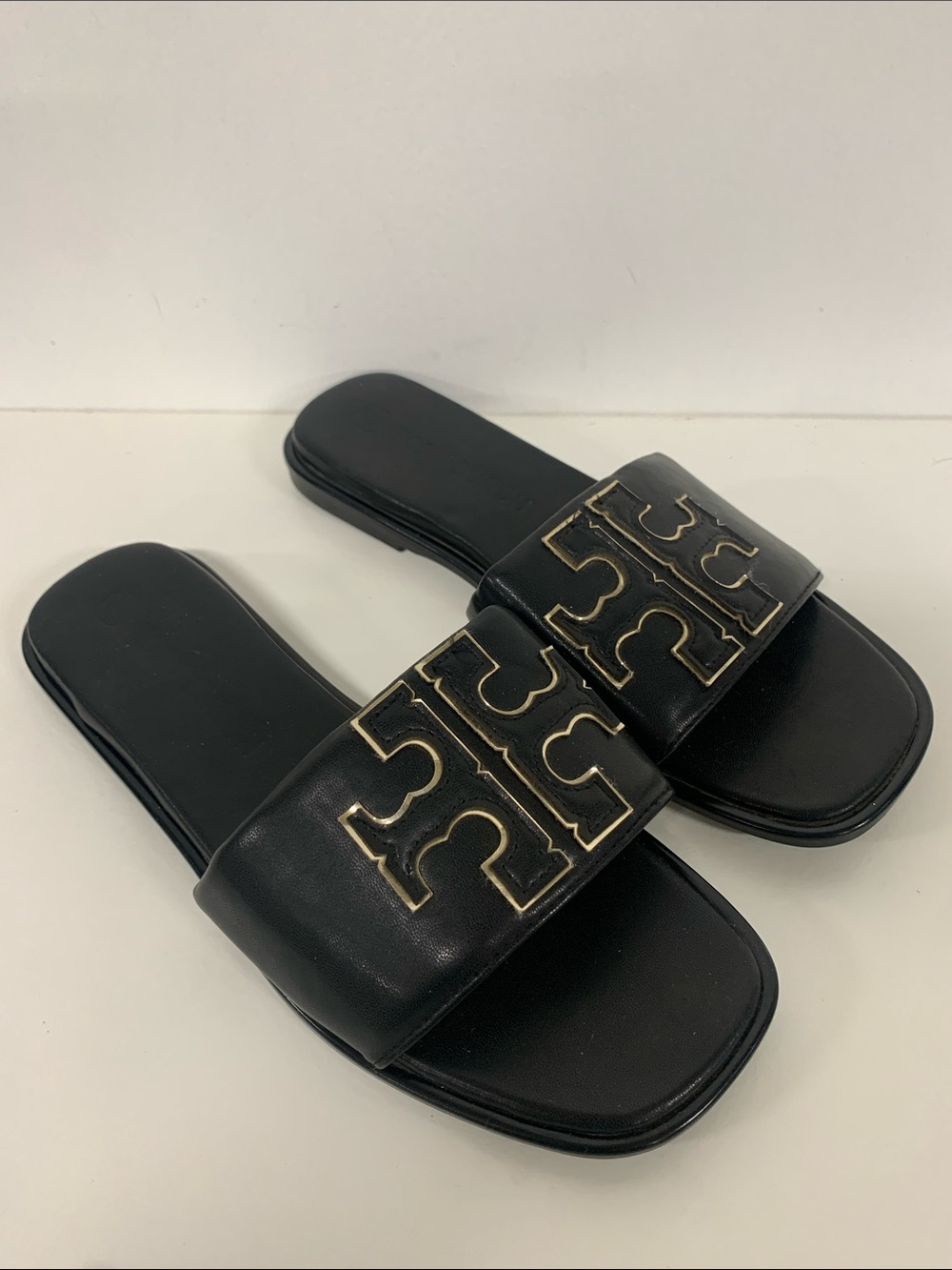 Tory Burch Black Slides with Gold Logo - Picture 2 of 6